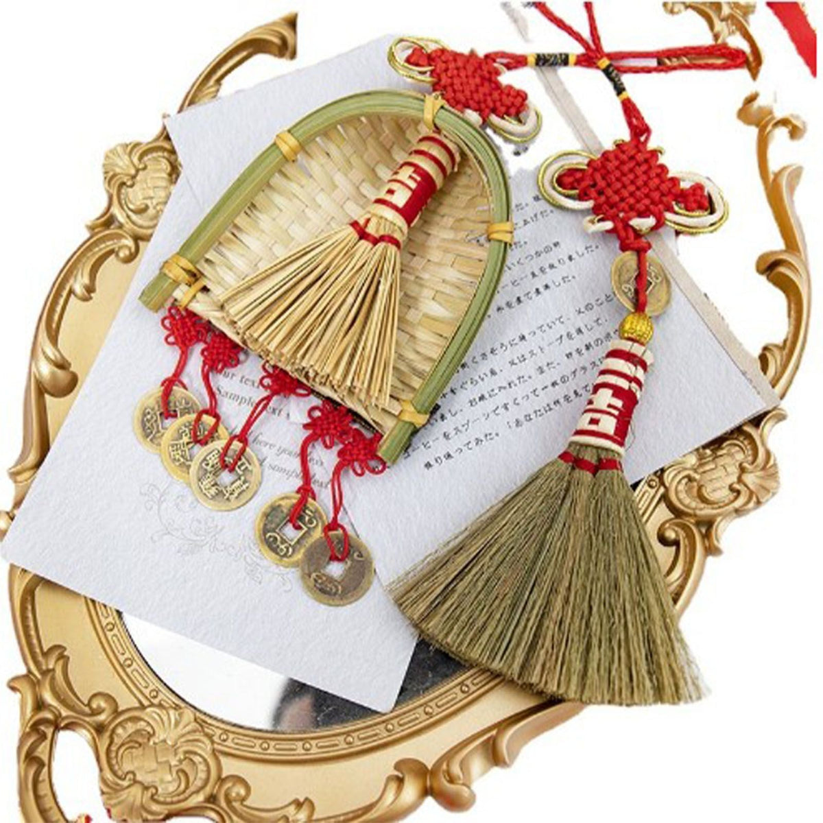 Broom Dustpan Decor hanging ornament with a woven golden dustpan, straw broom, red cords and coin charms