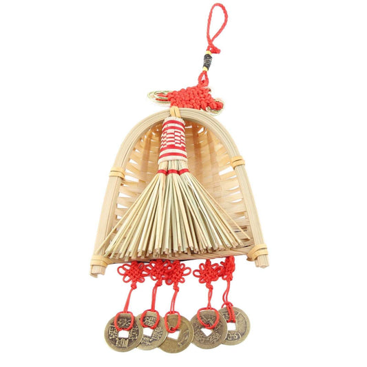 Broom Dustpan Decor with a woven straw dustpan and golden mini broom, red knot tassels and coin charms