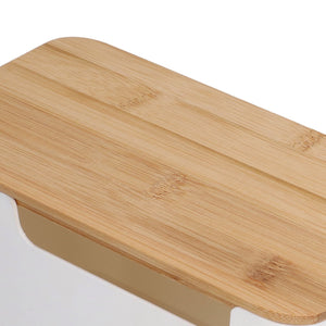 Cable Box Small with a natural bamboo wooden lid, showing smooth grain and rounded edges over a plastic body