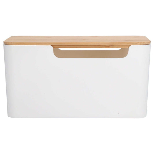 Cable Box Small with a smooth white plastic body, natural bamboo lid, and wide recessed cable access opening