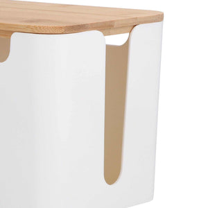 Cable Box Small with a smooth white plastic body, natural bamboo lid and curved side opening for cable access