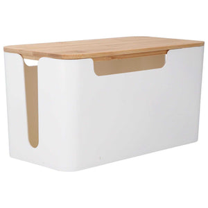 Cable Box Small with a smooth white plastic body and natural bamboo lid, featuring a wide cable opening at the top edge