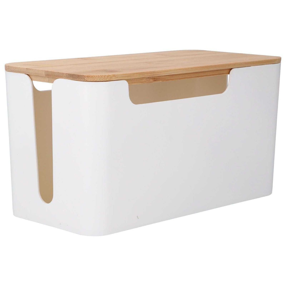 Cable Box Small with a smooth white plastic body and natural bamboo lid, featuring a wide cable opening at the top edge