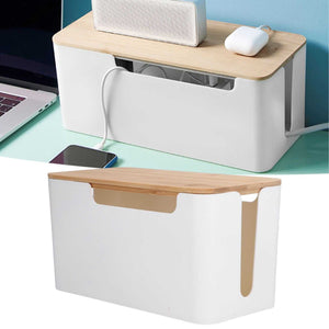 Cable Box Small with a white plastic body and natural bamboo lid, featuring side openings for neat cable routing