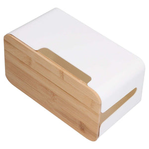 Cable Box Small with a white plastic body and natural bamboo lid, featuring slim cable openings at the sides