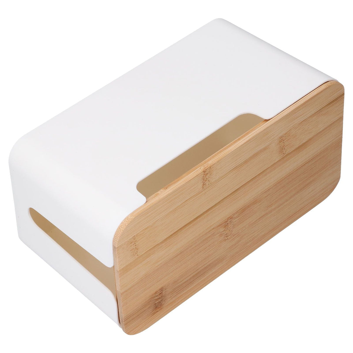 Cable Box Small with a smooth white plastic body, natural bamboo lid, and side openings for cable access