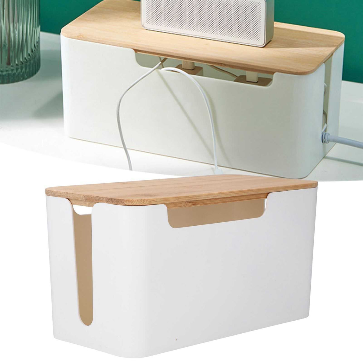 Cable Box Small with a white plastic body and natural bamboo lid, featuring open side slots for neat cable routing.