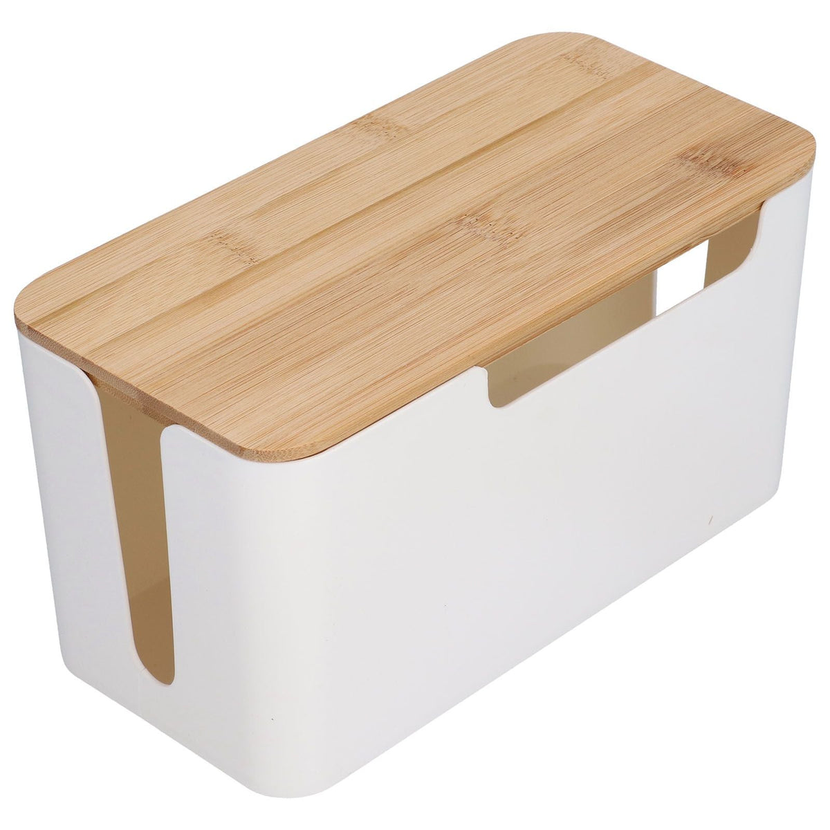 Cable Box Small with a smooth white plastic body and natural bamboo lid, featuring open cable slots at both ends