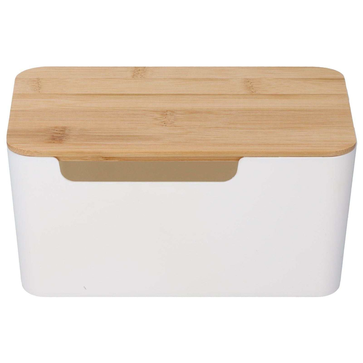 Cable Box Small with a smooth white plastic body, natural bamboo lid and rounded corners for concealing cables