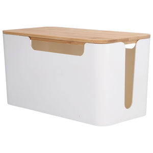 Cable Box Small with a white plastic body and natural bamboo lid, featuring openings for neat cable routing.