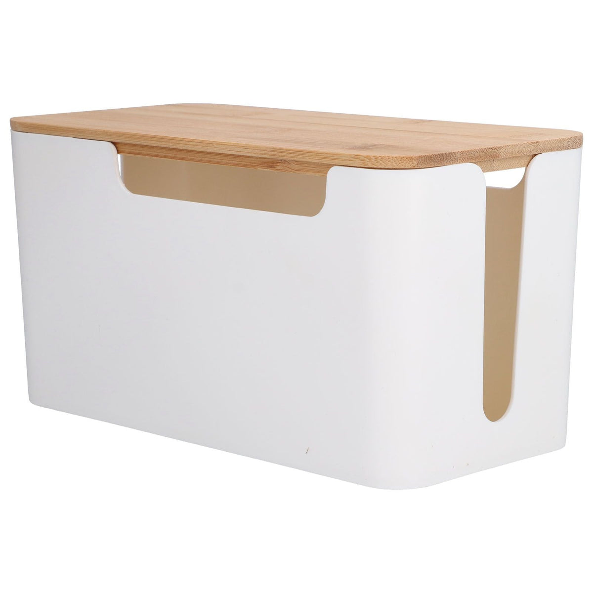 Cable Box Small with a white plastic body and natural bamboo lid, featuring openings for neat cable routing.