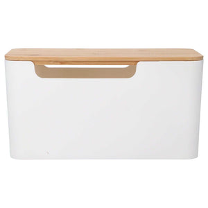 Cable Box Small with a smooth white plastic body, natural bamboo lid and wide cut-out handle for tidy cable storage