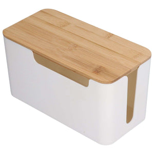 Cable Box Small with a white plastic body and natural bamboo lid, featuring rounded edges and side cable slots