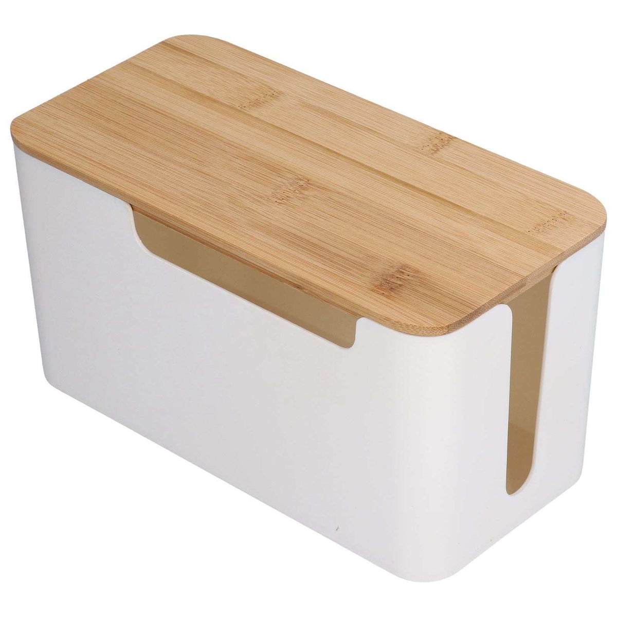 Cable Box Small with a white plastic body and natural bamboo lid, featuring rounded edges and side cable slots
