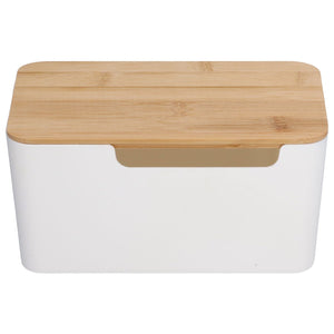 Cable Box Small with a smooth white plastic body and a natural bamboo wooden lid with rounded edges