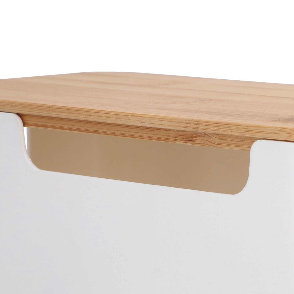 Cable Box Small with a light wood-grain lid and white plastic body, featuring a curved side cable opening