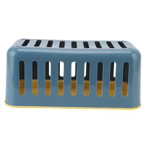 Cable Organizer Box in blue plastic with a mustard-yellow base, featuring a rounded shape and vertical cable slots.