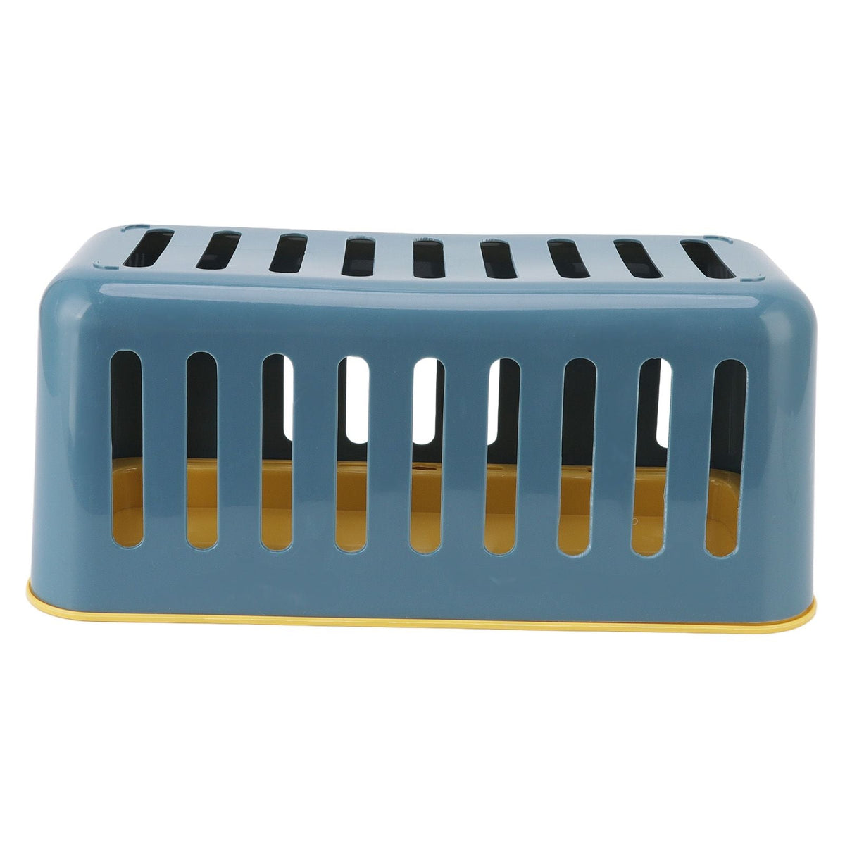Cable Organizer Box in blue plastic with a mustard-yellow base, featuring a rounded shape and vertical cable slots.