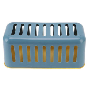 Cable Organizer Box in muted blue plastic with a fitted ventilated lid, vertical slots, and a contrasting yellow base