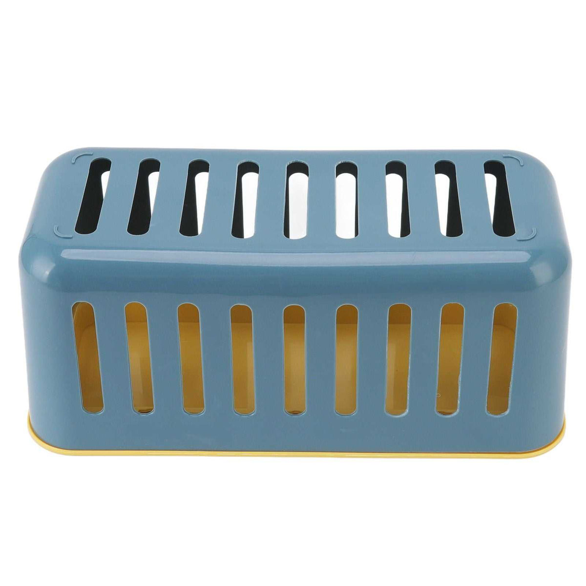 Cable Organizer Box in muted blue plastic with a fitted ventilated lid, vertical slots, and a contrasting yellow base