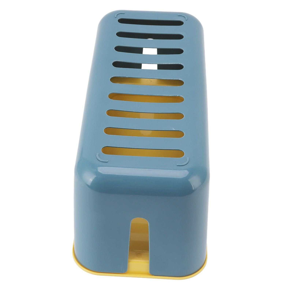 Cable Organizer Box in blue plastic with yellow interior, rounded rectangular shape, vented slotted lid and cord opening