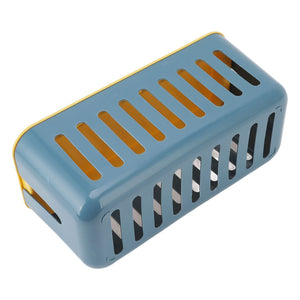 Cable Organizer Box in blue plastic with a fitted lid, rounded corners and long ventilation slots across the top and sides