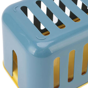 Cable Organizer Box in glossy blue plastic with a yellow base and lid, featuring elongated ventilation slots