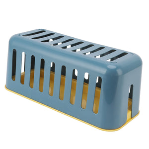 Cable Organizer Box in blue plastic with a mustard yellow base, featuring a rounded shape and long ventilation slots