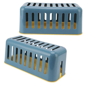Cable Organizer Box in blue plastic with a mustard-yellow base, featuring a rounded rectangular shape and long ventilation slots