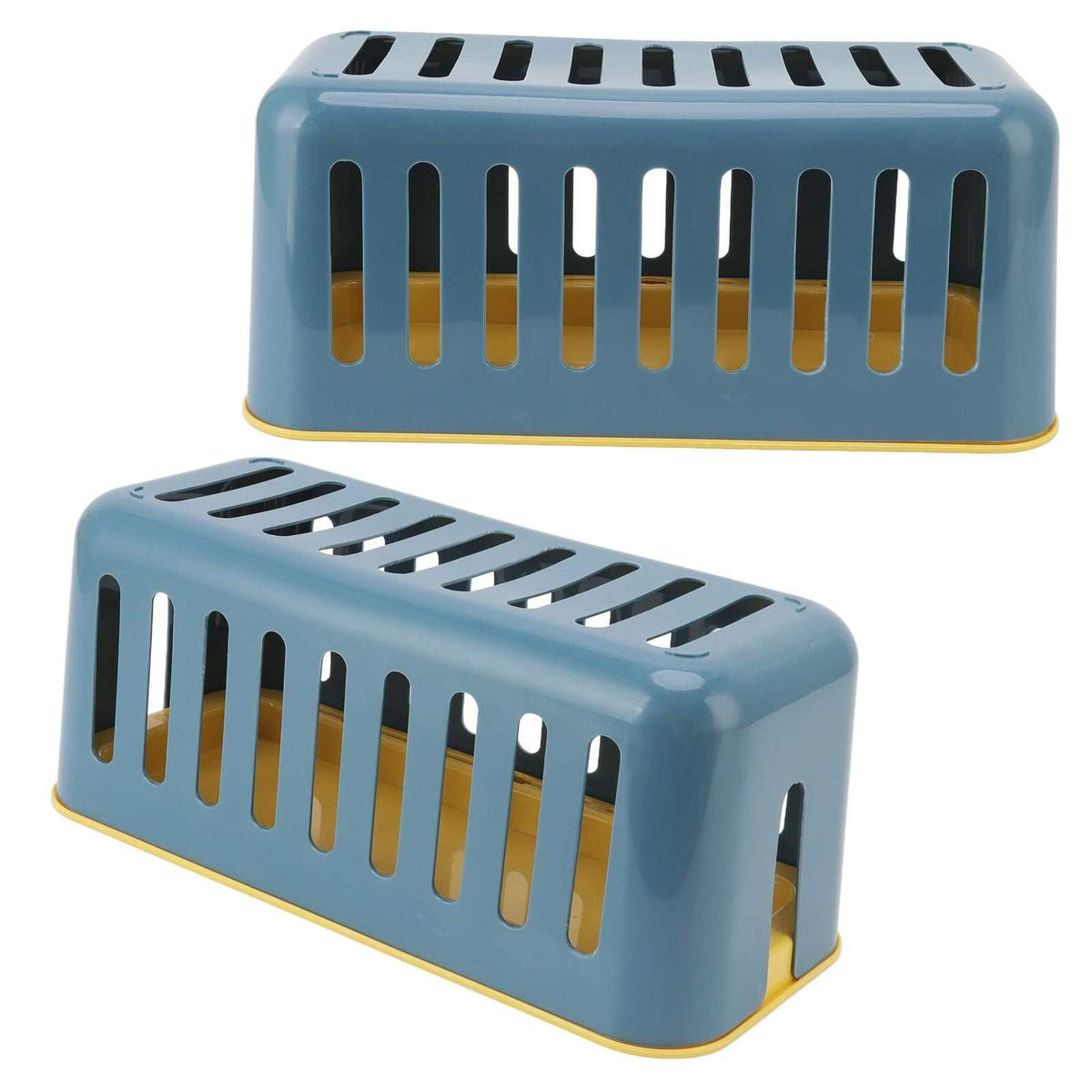 Cable Organizer Box in blue plastic with a mustard-yellow base, featuring a rounded rectangular shape and long ventilation slots