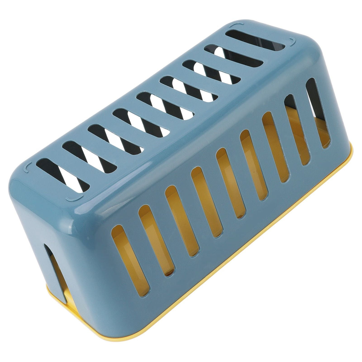 Cable Organizer Box in blue plastic with a yellow base, featuring a fitted lid and long ventilation slots