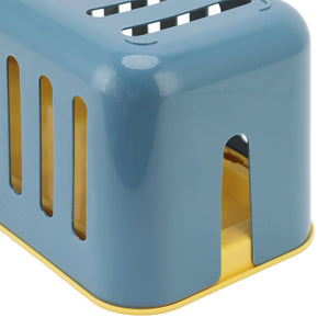 Cable Organizer Box in glossy blue plastic with yellow base and tall ventilation slots on the sides and top