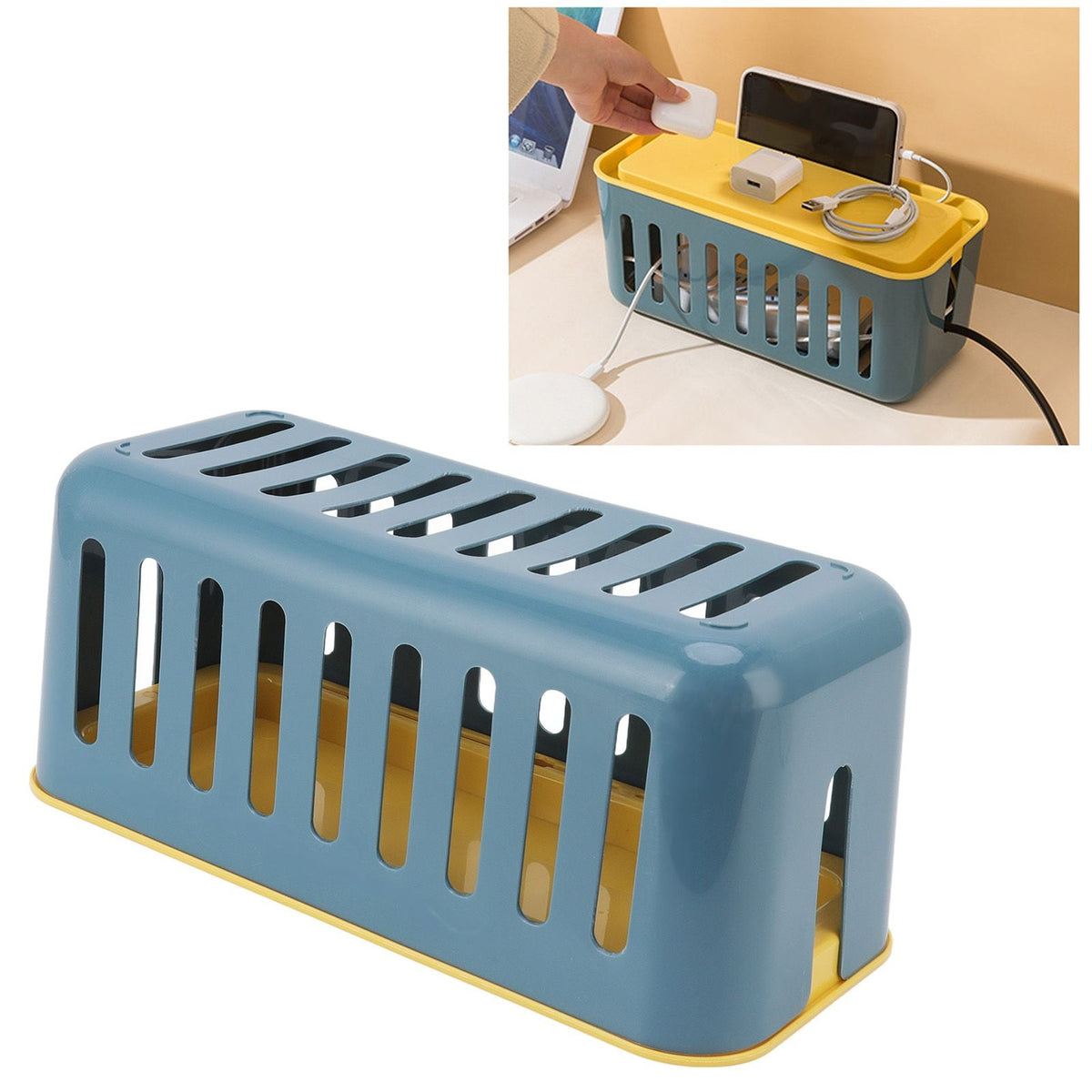 Cable Organizer Box in blue plastic with a yellow lid and base, featuring long ventilation slots and rounded corners