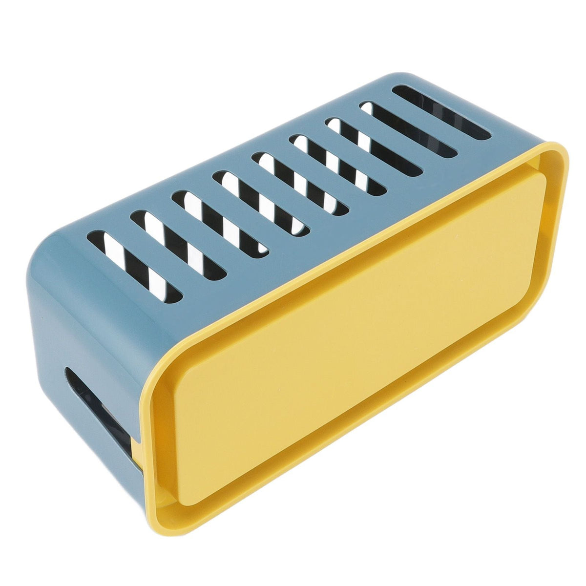 Cable Organizer Box with a blue slotted plastic body and yellow lid, featuring ventilation openings along the top