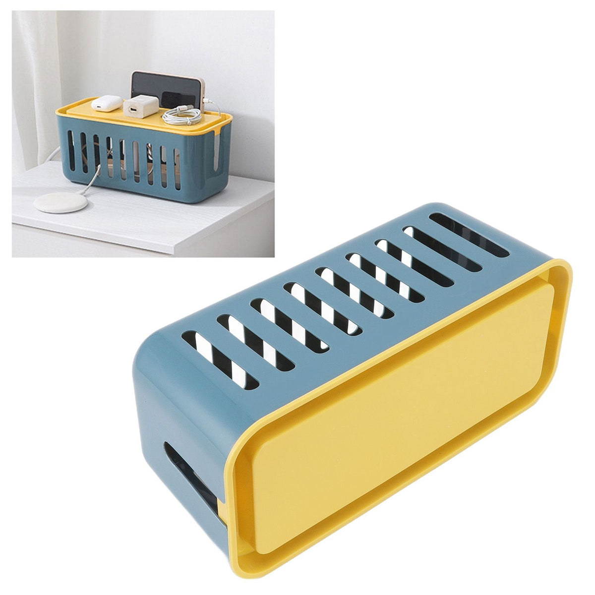 Cable Organizer Box in blue and yellow plastic, with a yellow lid and long ventilation slots along the top and sides