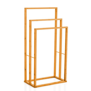 Freestanding CARLA HOME Bamboo Towel rack in natural golden bamboo, with three staggered rectangular bars and a sturdy base