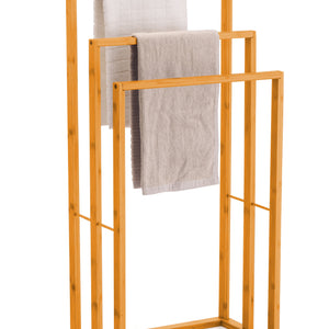 CARLA HOME Bamboo Towel rack with a natural bamboo frame and three tiers, holding white and grey towels