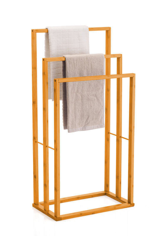 CARLA HOME Bamboo Towel rack with a natural bamboo frame and three tiers, holding white and grey towels