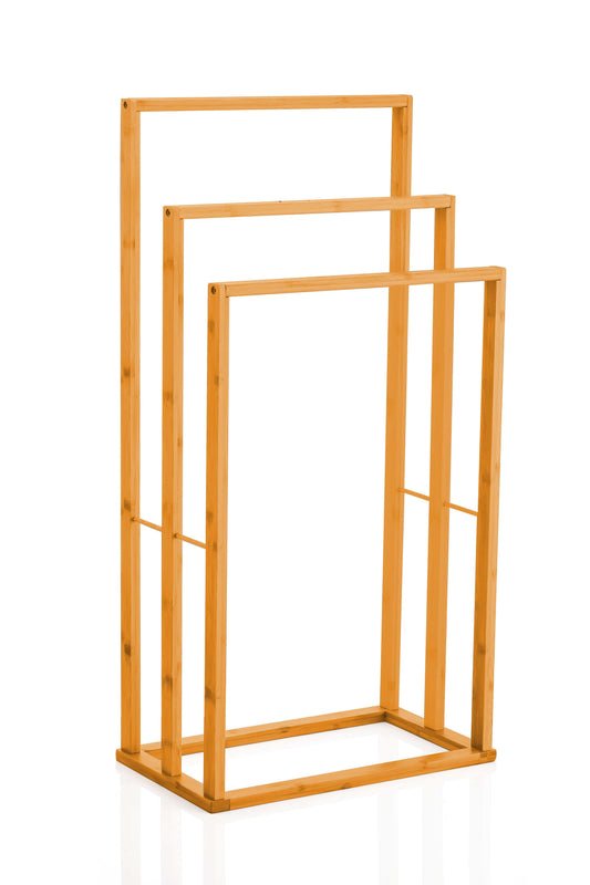 Three-tier CARLA HOME Bamboo Towel rack in natural golden bamboo, with three freestanding rectangular towel bars.