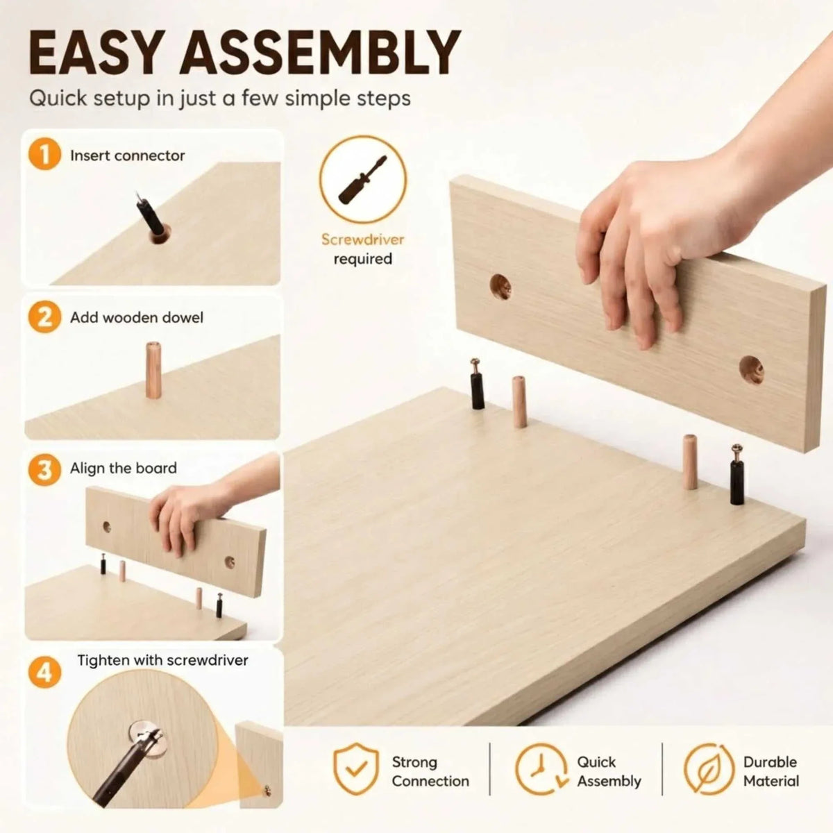 CARLA HOME Dual Monitor Stand Riser in light brown wood-grain MDF, shown with dowels and screws during assembly