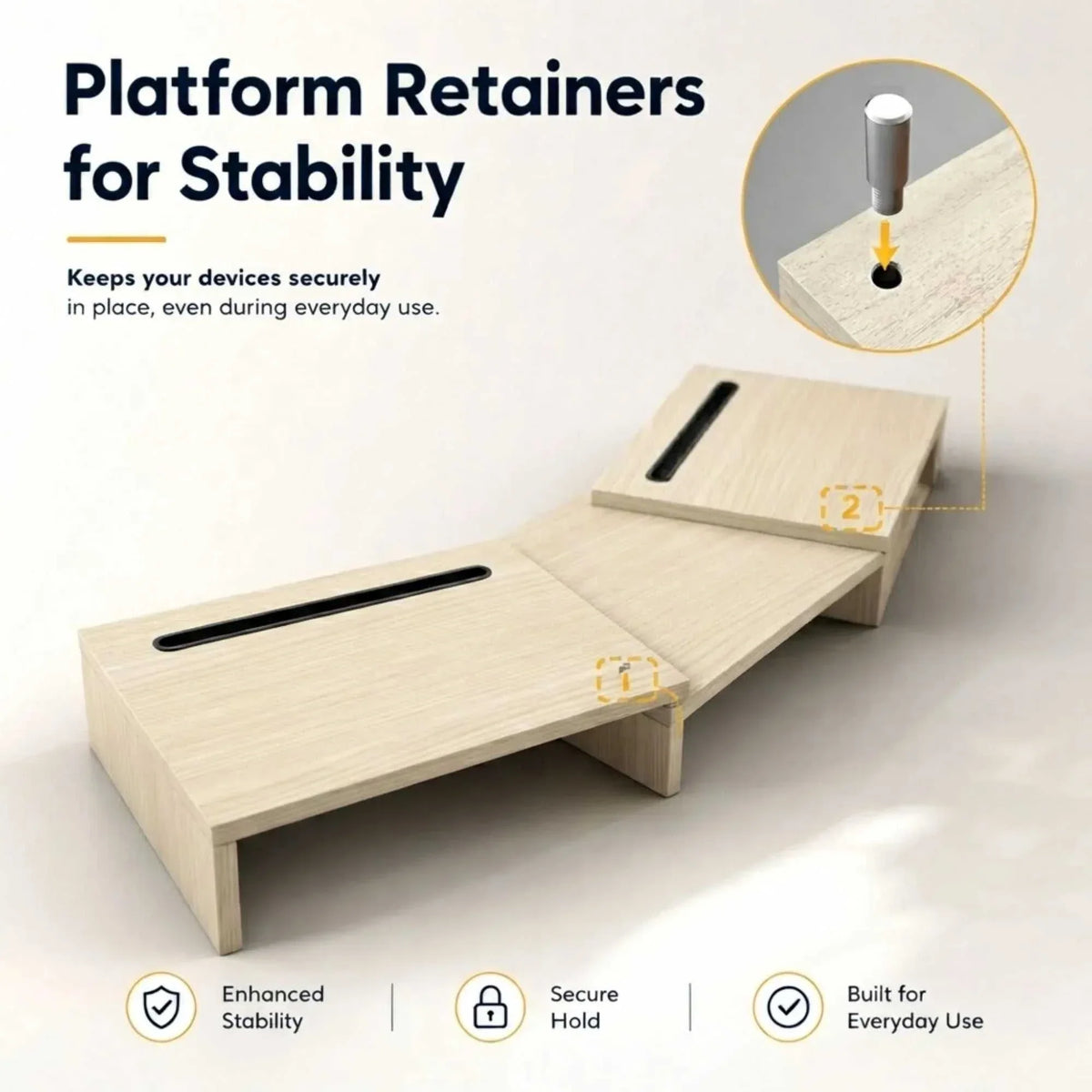 CARLA HOME Dual Monitor Stand Riser in light brown wood-grain MDF, two-piece platform with device slots and retainer pins