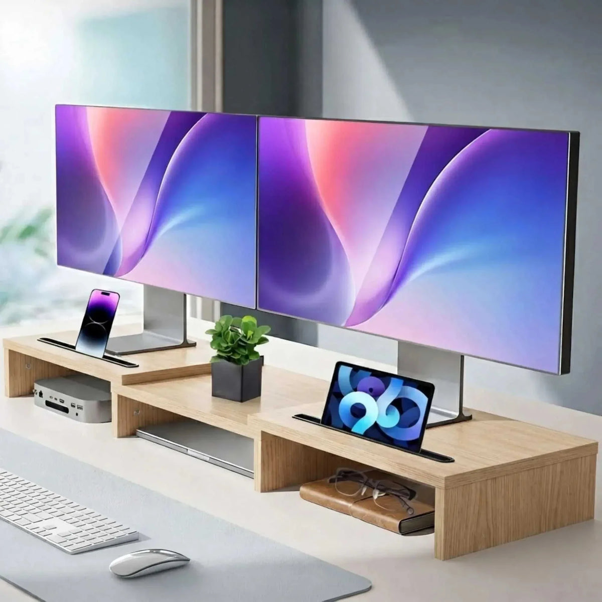 CARLA HOME Dual Monitor Stand Riser in light brown wood grain MDF, with two open under-desk storage compartments and device slots
