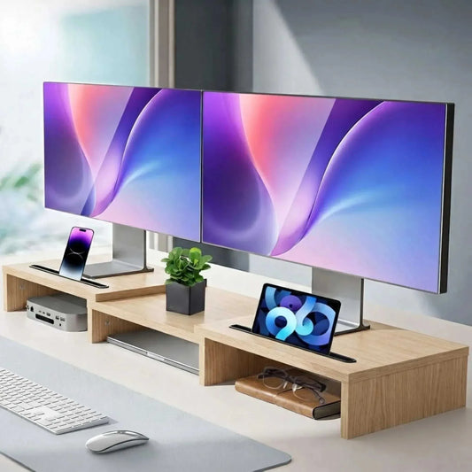 CARLA HOME Dual Monitor Stand Riser in light brown wood grain MDF, with two open under-desk storage compartments and device slots
