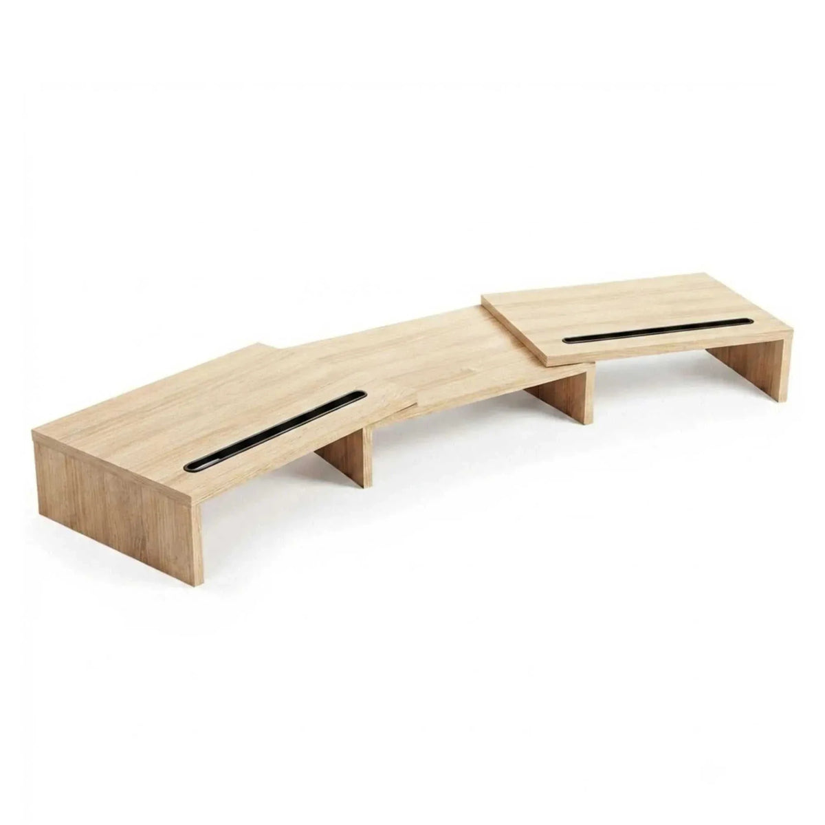 CARLA HOME Dual Monitor Stand Riser in light brown wood-grain MDF, with two raised platforms and device slots