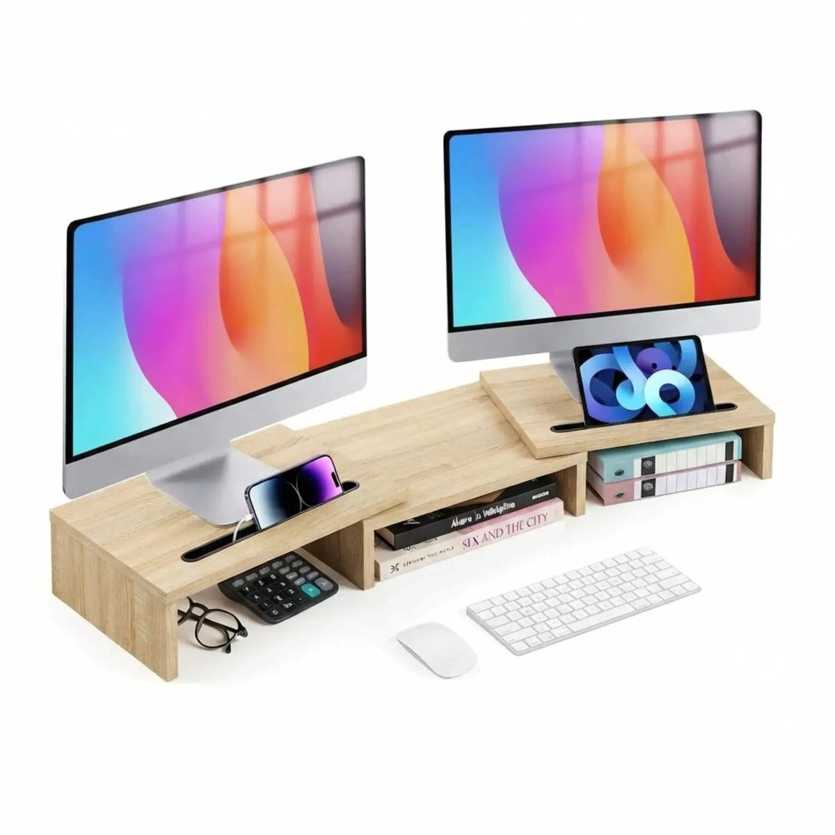 CARLA HOME Dual Monitor Stand Riser in light brown wood grain MDF, with device slots and three open storage spaces