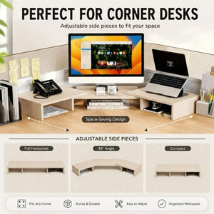 CARLA HOME Dual Monitor Stand Riser in light wood grain, with adjustable side pieces and open storage compartments