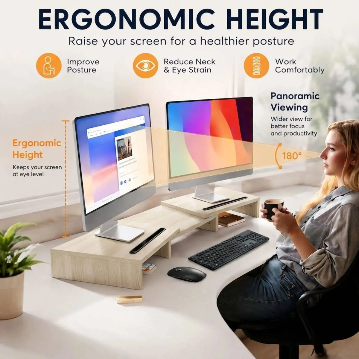 CARLA HOME Dual Monitor Stand Riser in light beige wood-grain MDF, with a raised platform holding two monitors