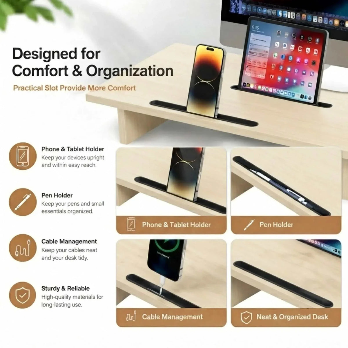 CARLA HOME Dual Monitor Stand Riser in light wood grain with black phone, tablet and pen slots along the top