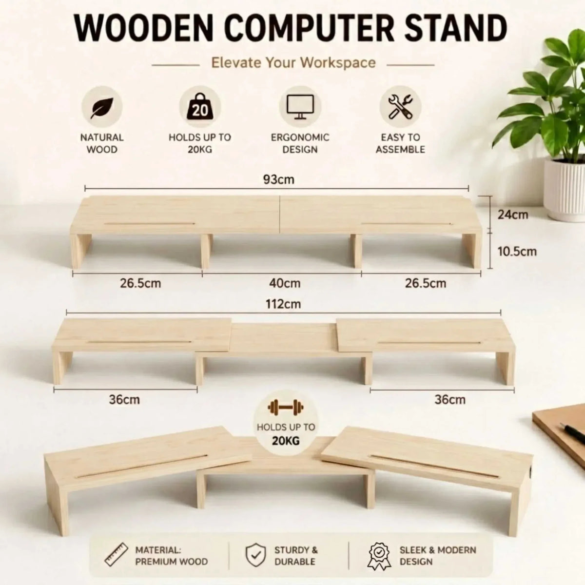 CARLA HOME Dual Monitor Stand Riser in natural light wood, a modular raised platform with open storage sections and device slots.