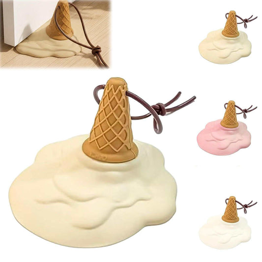 Cartoon Ice Cream door stopper with cream-colored melting scoop, tan waffle cone, suction base and brown lanyard
